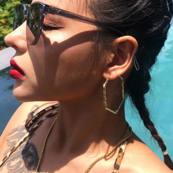 Jewelry - #AR New Textured Hexagon Hoop Earrings 18K Gold Brass Base 2 x 2" Large